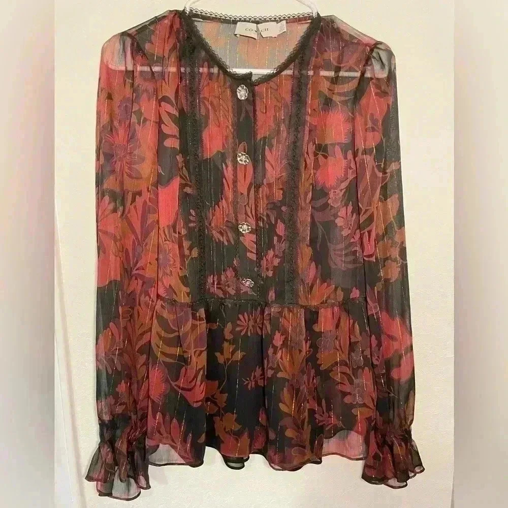 COACH 1941 Dark Red Forest Floral Print Tea Rose Blouse Womens Size 2 NWOT